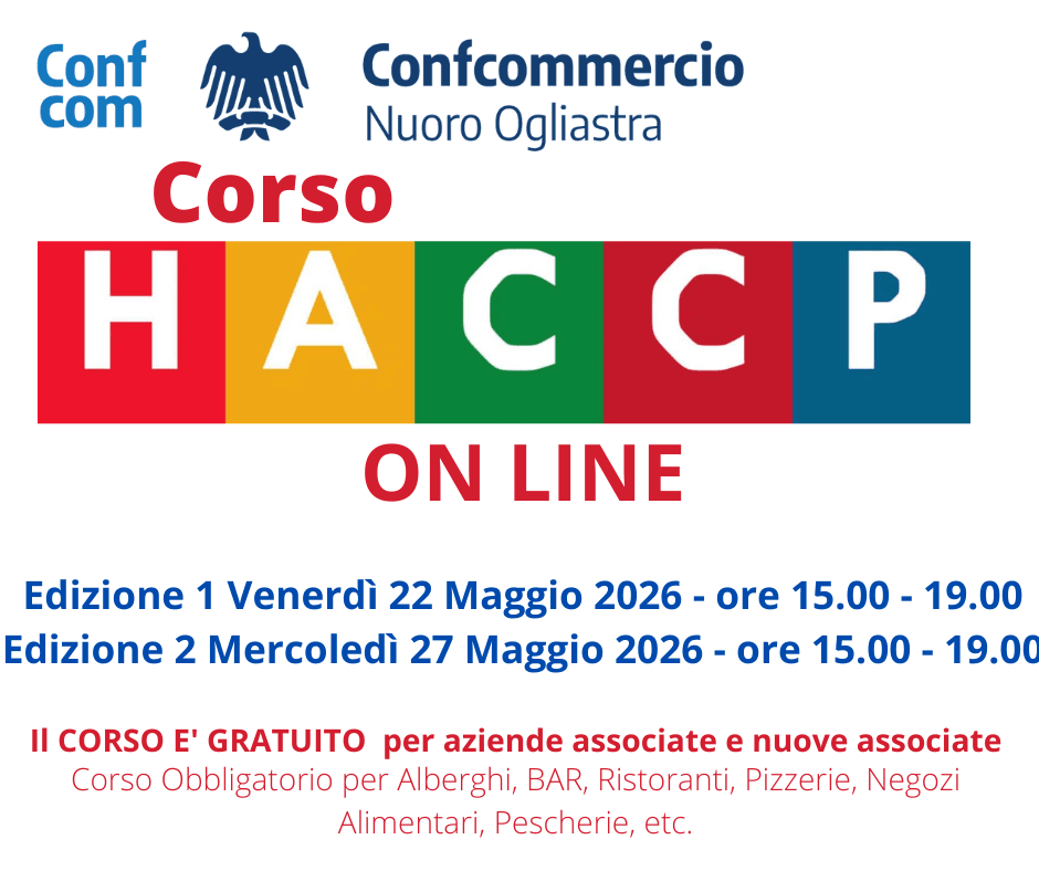 CORSO HACCP – NUOVE DATE. 22 MAGGIO E 27 MAGGIO ON LINE.