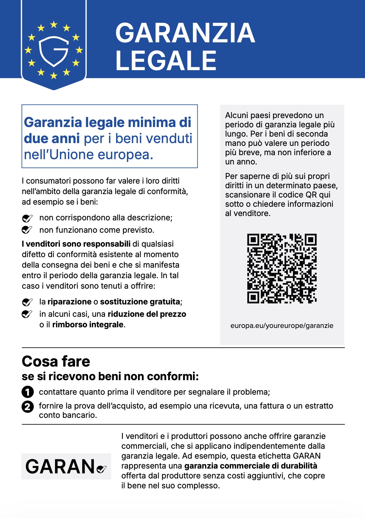 GARANZIA LEGALE: DAL 27 SETTEMBRE OBBLIGATORIO ESPORRE IL CARTELLO DI AVVISO